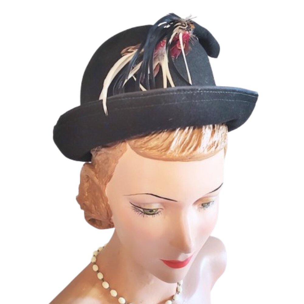 1960s Black Vintage Men's Look Fedora Style Formed Felt Hat Feathers Brimmed - Picture 5 of 9